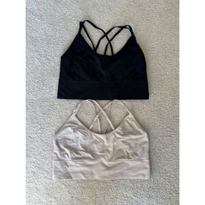 Ribbed Seamless Strappy Back Sports Bra Bralette 2 Pack Black Beige Size L
